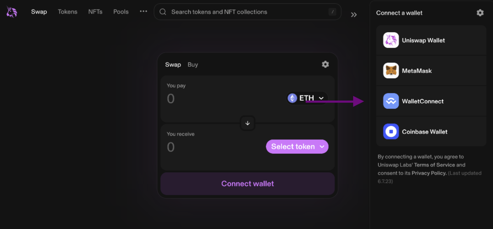 Uniswap select Wallet Connect option